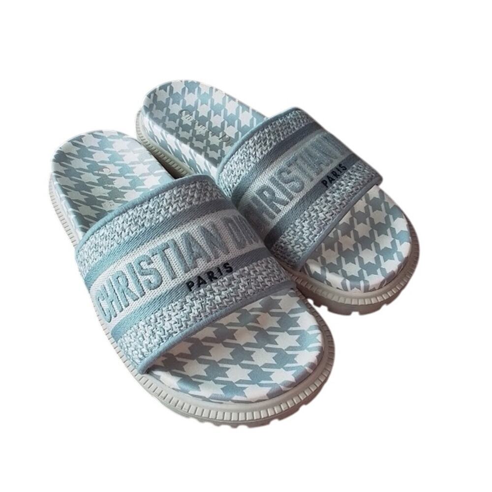 Christian Dior D-Way Houndstooth Slide Sandals Gray Cream Women’s Size 37 (US 7)